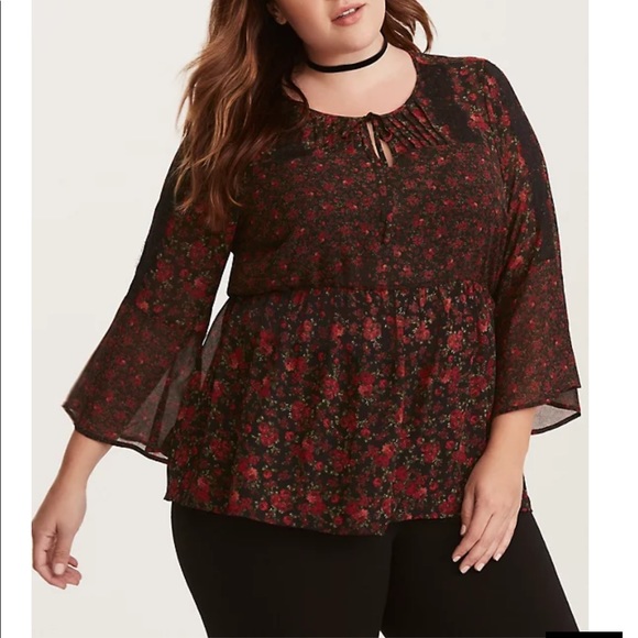 torrid Tops - Torrid Rose Print Chiffon Lace Inset Blouse